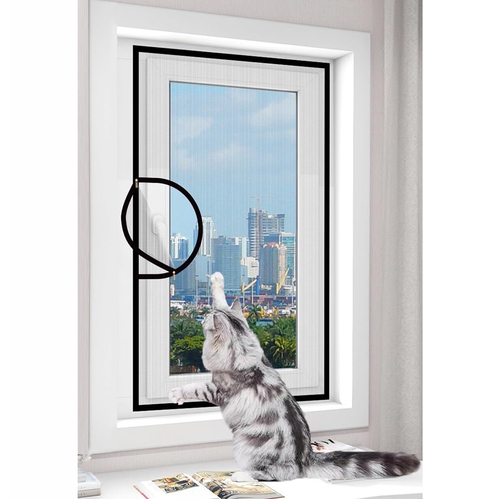 Yuly White Mesh White Sticker Universal Semi-Transparent Window Screen With Zipper Opening, Fiberglass Insect Mesh For Keep Bug Mosquito Out, Self-Adhesive Cat Proof Window Net (60X112cm,)