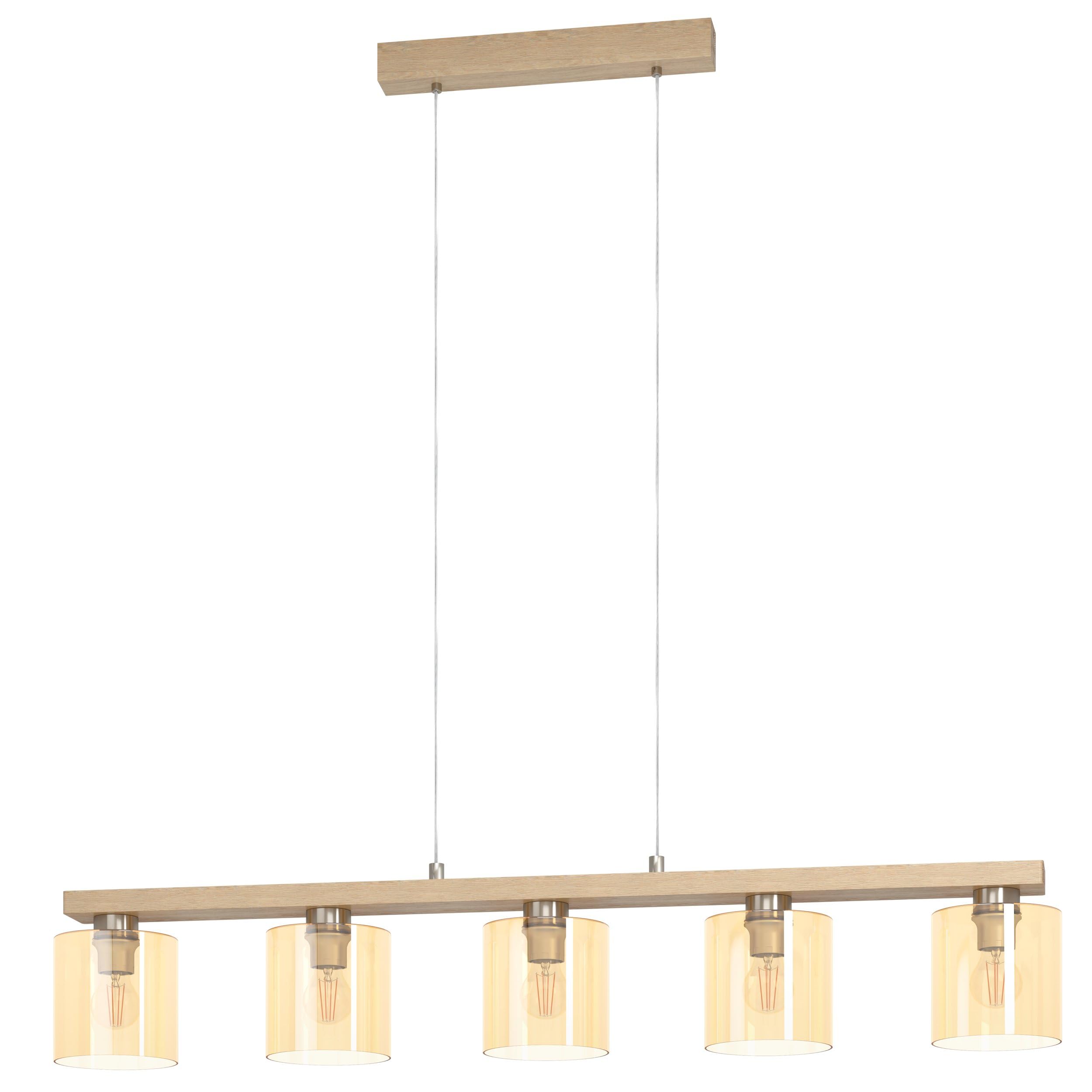Eglo Pendant Lighting Castralvo, 5 Light Hanging lamp, Ceiling Light Fixture Made of Amber Coloured Glass, Silver Metal and Natural Wood, Dining Table lamp FSC Certified, E27 Socket