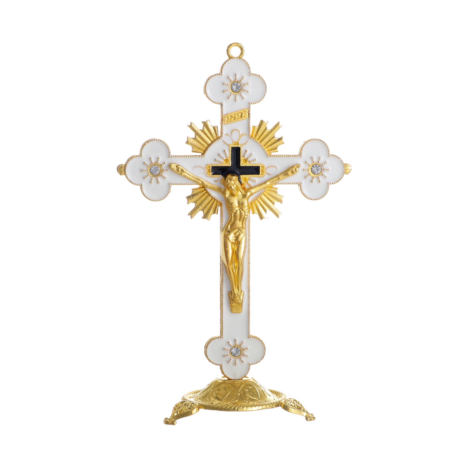 KOMI 5 Inch Catholic Metal Jesus Cross Standing, White Crucifix for Home Decoration, Table Crucifix Religious Gift white-gold