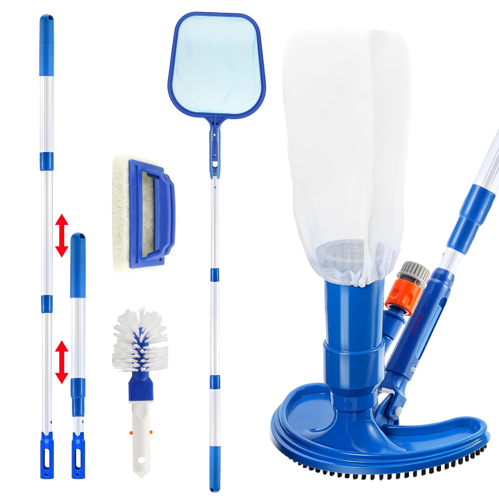 Kit de nettoyage de piscine - Aspirateur portable à jet - Kit d'entretien de piscine avec tige télescopique réglable - Brosse à récurer et filet de skimmer - Pour le nettoyage des feuilles, de la