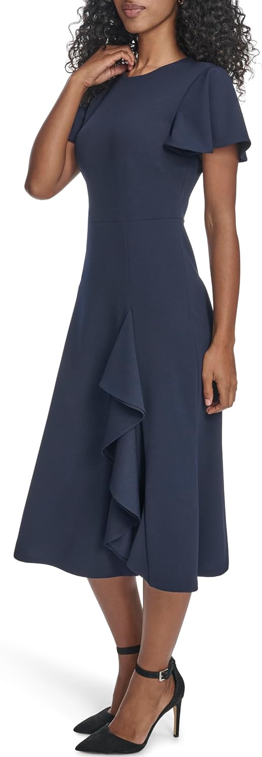 Calvin Klein Womens Shirt Flutter Sleeve Crepe A-line Ruffle Hem Dress - Image 3