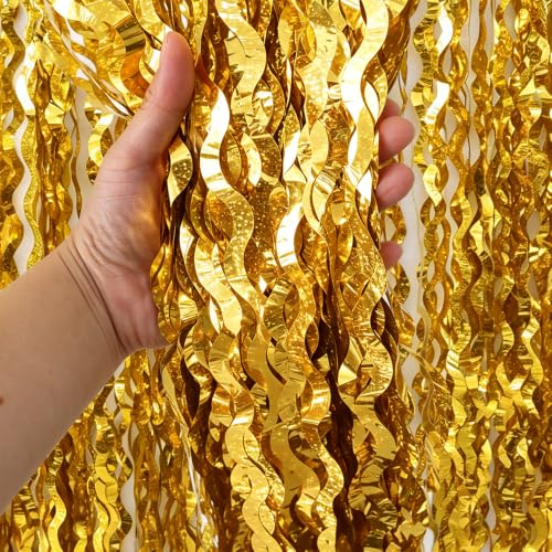 Image of TONIFUL 2Pcs Wavy Gold Metallic Tinsel Foil Fringe Curtain Laser Streamers | 3.3ftx6.6ft Photo Booth Backdrop Tinsel Streamer Curtain, Props for Bachelorette Birthday New Year Graduation Christmas Decor