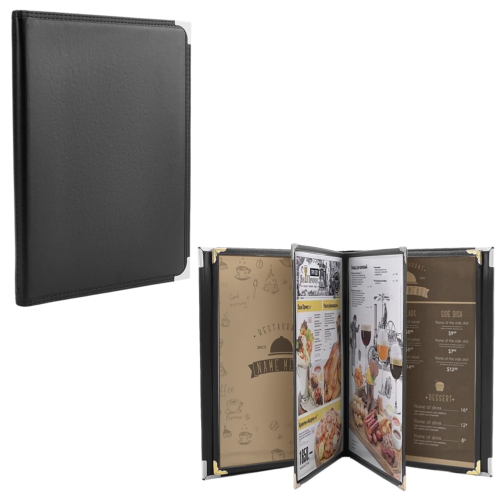 FINGERINSPIRE 2 Stück Speisekartenmappe Im A4 Format Aus PU Leder Mit Klarsichthüllen 4 Seite 8 Anzeigen Schwarz Fleckenabweisend Austauschbare Seiten Ideal Für Cafés Bistros Und Bars