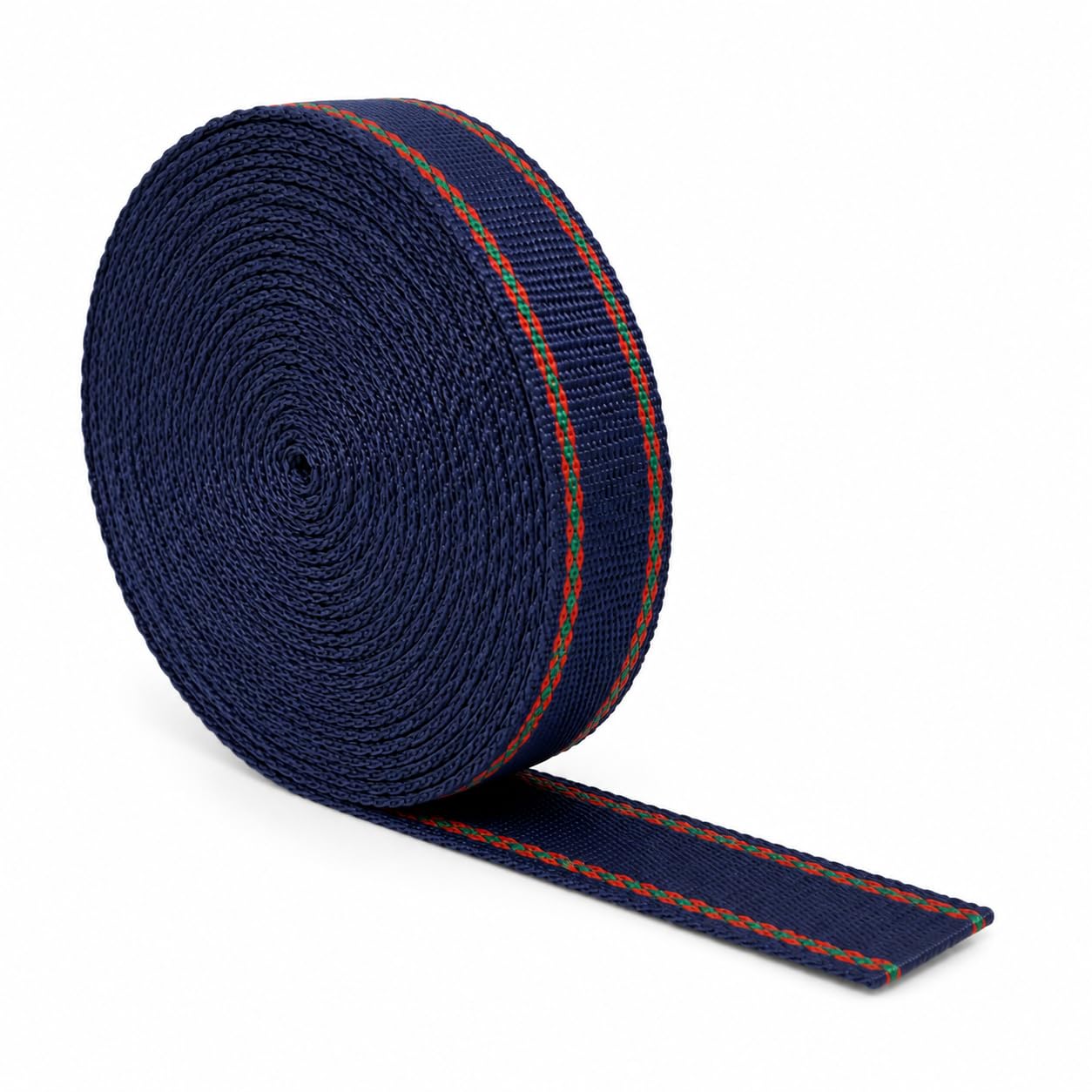 The Webbing Shop Polypropylene Webbing Strap, Continuous Length Flat Woven Tape for Bags, Crafts, Belts, Pet Collars and Leads (Navy Blue with Red and Green Edging, 20mm x 5m)