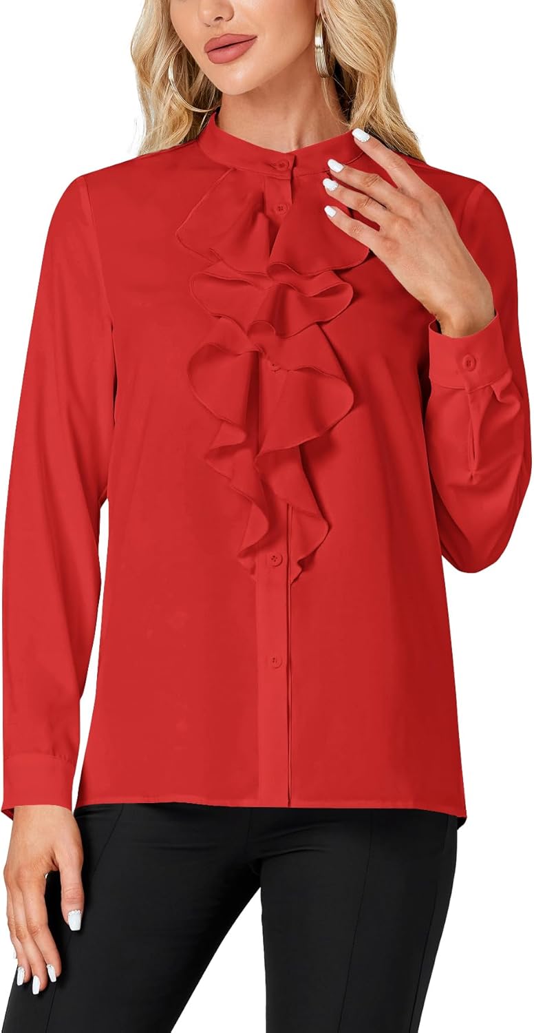 LYANER Women's Mock Neck Button Down Ruffle Front Long Sleeve Work Shirt Blouse Tops - Image 2
