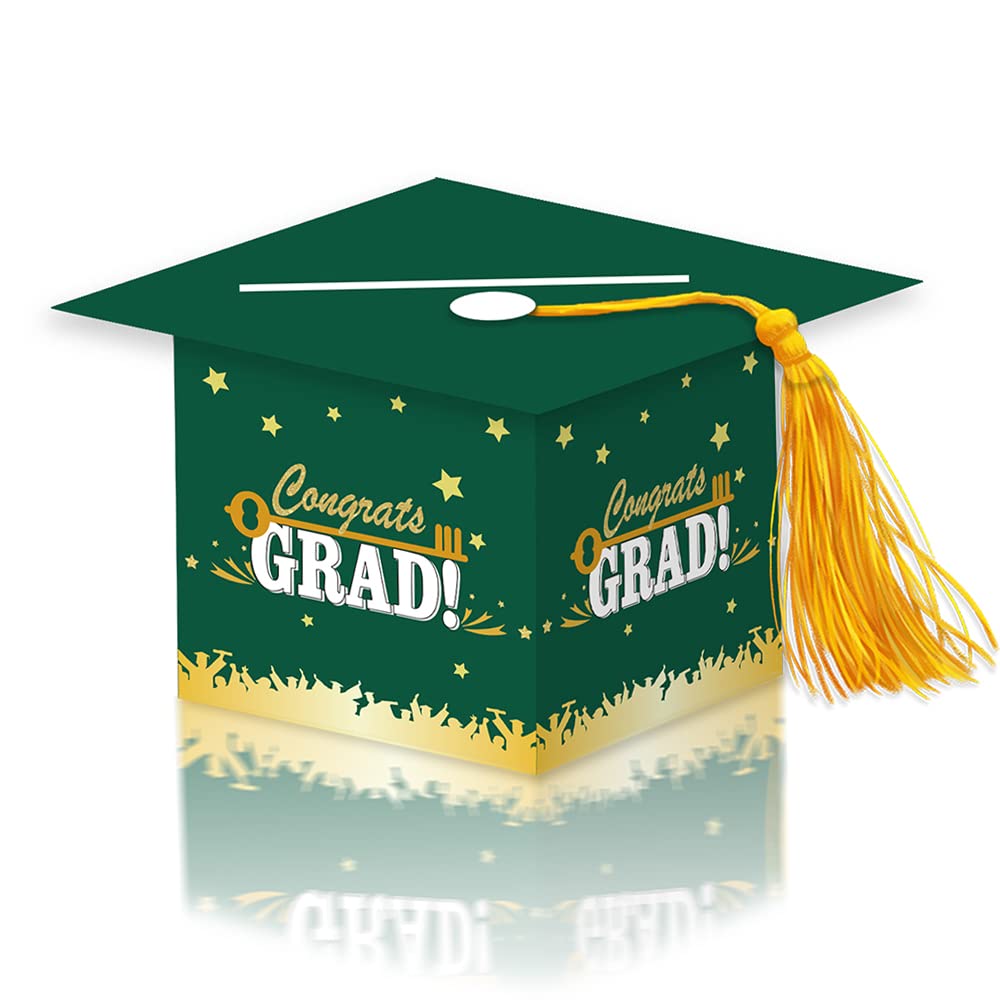 2026 Graduation Party Card Box, Green Gold Congrats Cap Card Holder Box with Tassel for 2026 Graduation Party Decoration