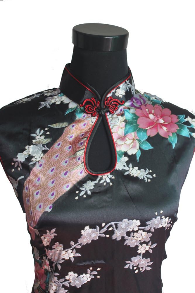7Fairy Women's Silk Black Keyhole Peacock Long Chinese Dress Qipao - Image 3