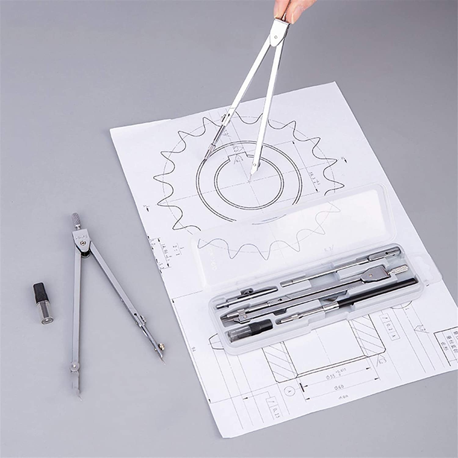 Set di Geometria, Set di compassi da Disegno Professionali, Compasso ad Arco a Molla con Blocco per Strumenti da Disegno Geometrico, Kit da Disegno per Studenti di ingegneria, Comp(C)
