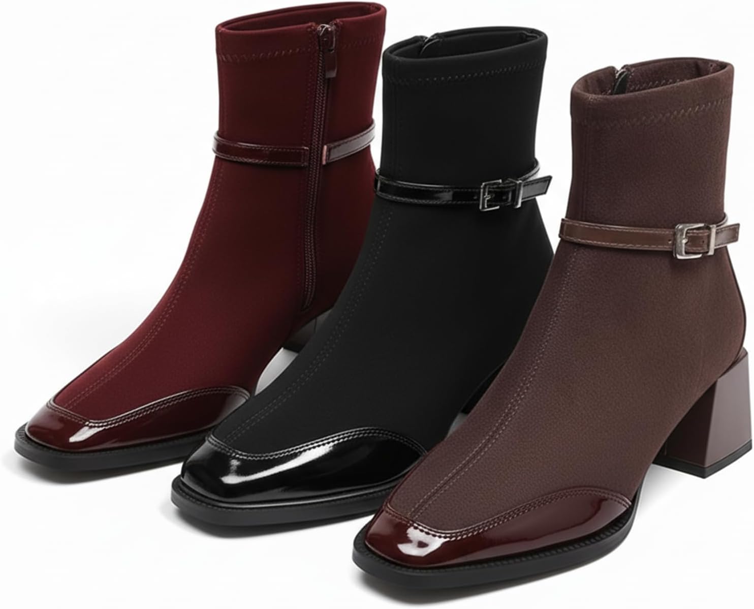 Women’s Square Toe Block Heel Ankle Boots – Faux suede with Patent Leather Trim, Side Zipper Buckle Strap Casual Dressy Sock Boots For parties, dates, weddings - Image 5