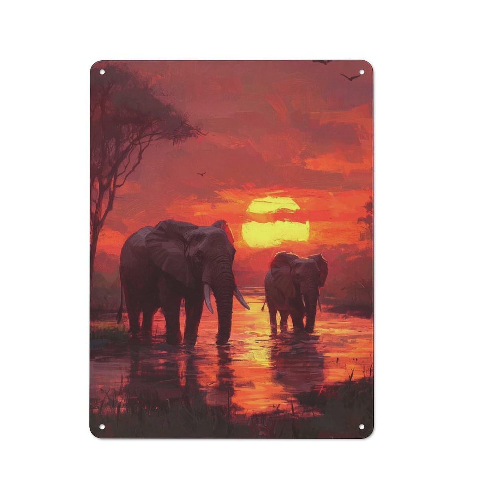 Junmoney Elephants At Sunset Tin Wall Plaque 40X30cm With For Home Office Or Studio, Gift Idea At Christmas For Creative Workspace Decorators