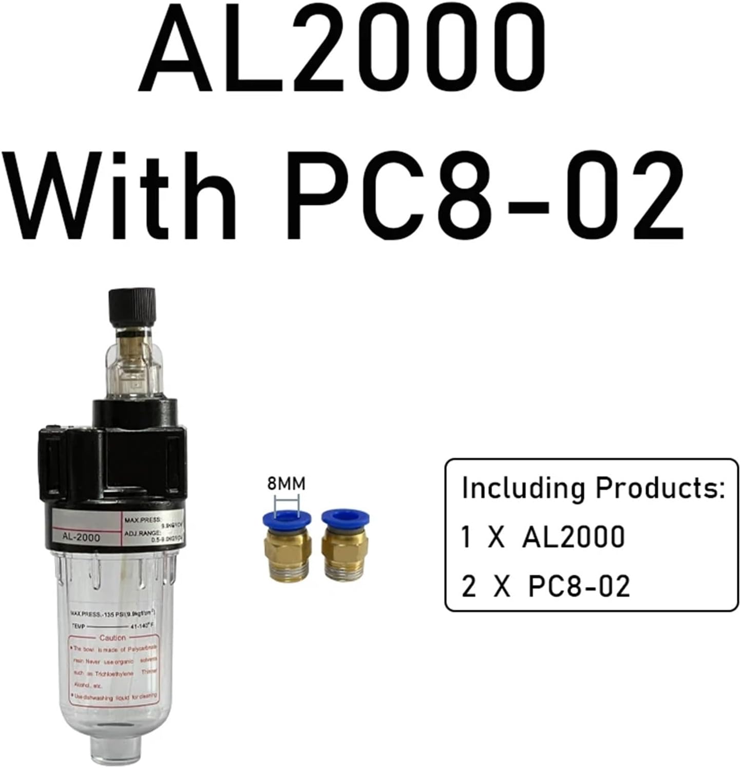 AL2000 Lubricator Regulator Compressed Air Filter Airbrush Air Compressor Pressure Reducing 1/4"(With 8mm Fitting)