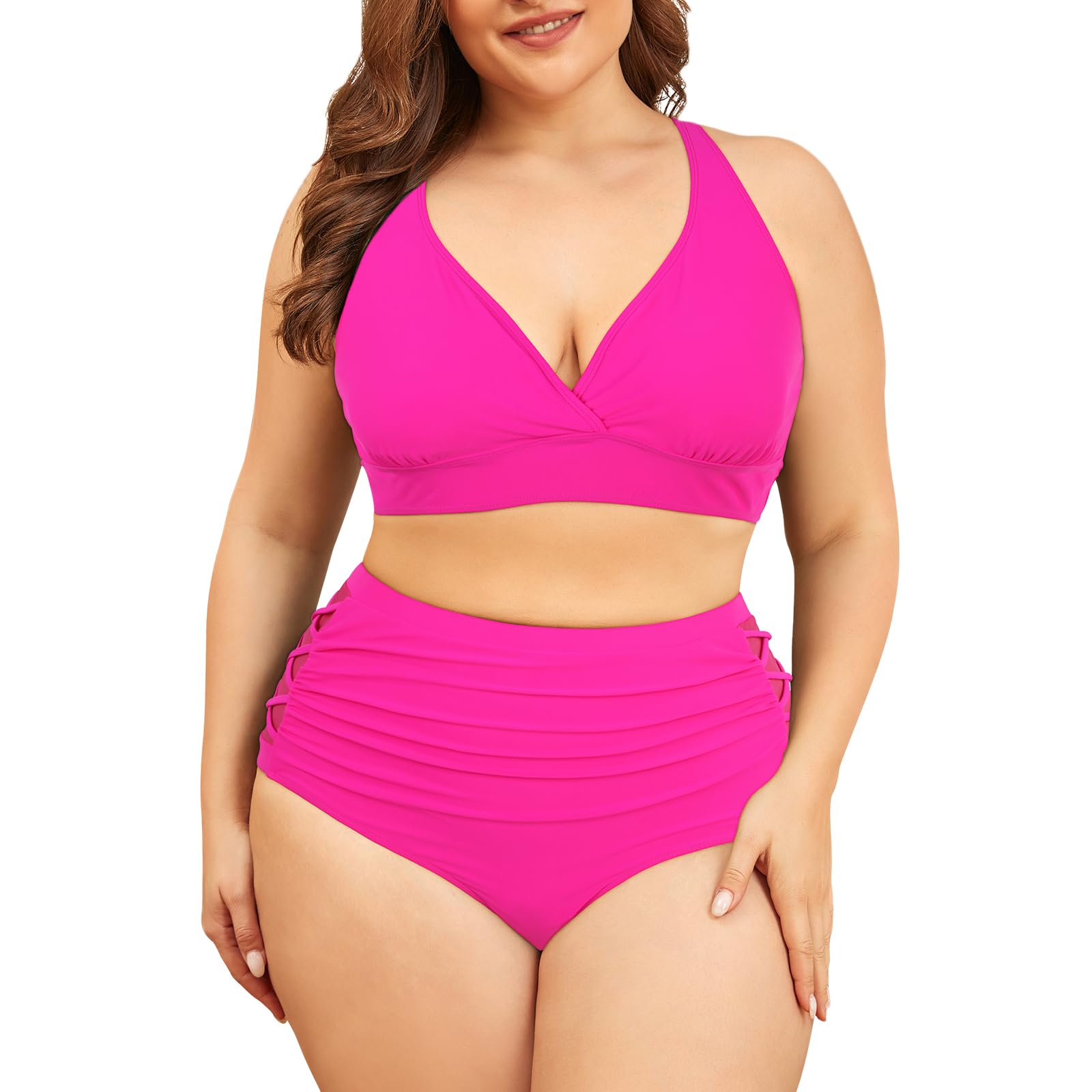 PONCEAU Bikini para mujer, tallas grandes, cuello en V, cintura alta, con nudo de barriga, bikini de dos piezas, talla grande, traje de baño curvo, traje de baño push up