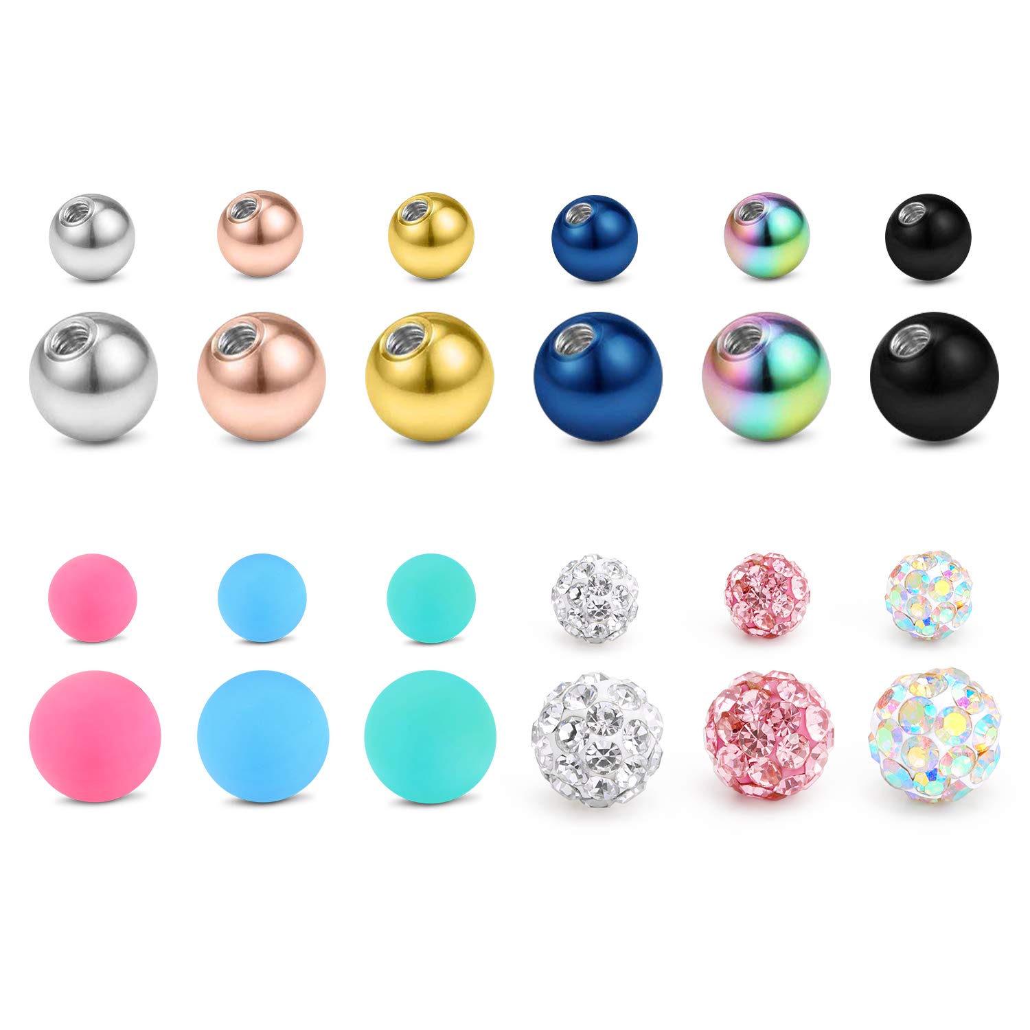 JFORYOUReplacement Balls for Body Jewelry Piercing 316L Surfical Steel Balls Rhninestone Balls Barbell Parts 14G 16G Women Men