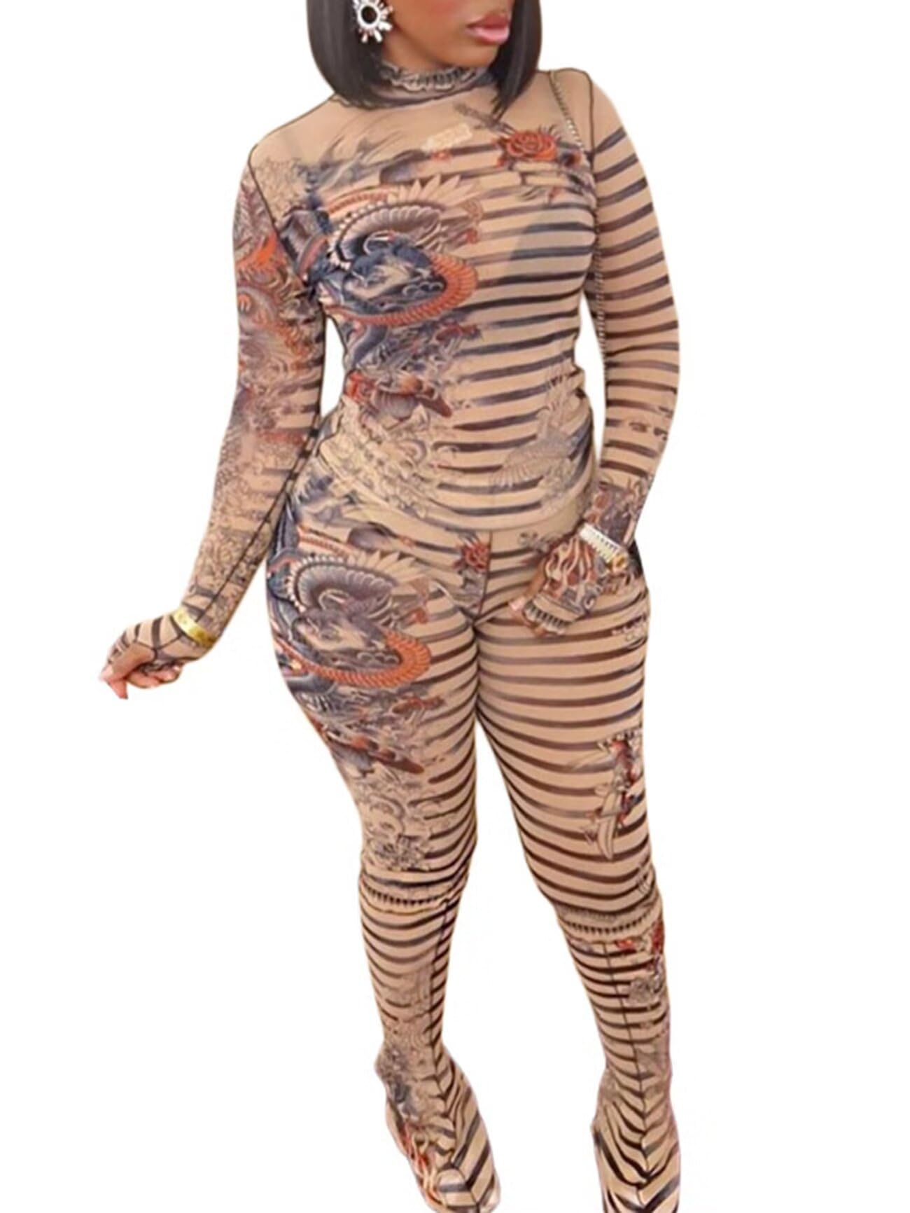 Uni Clau Sexy Two Piece Outfits for Women See Through Mesh Stripe Print Long Sleeve Crop Top Pants Set Club Outfits