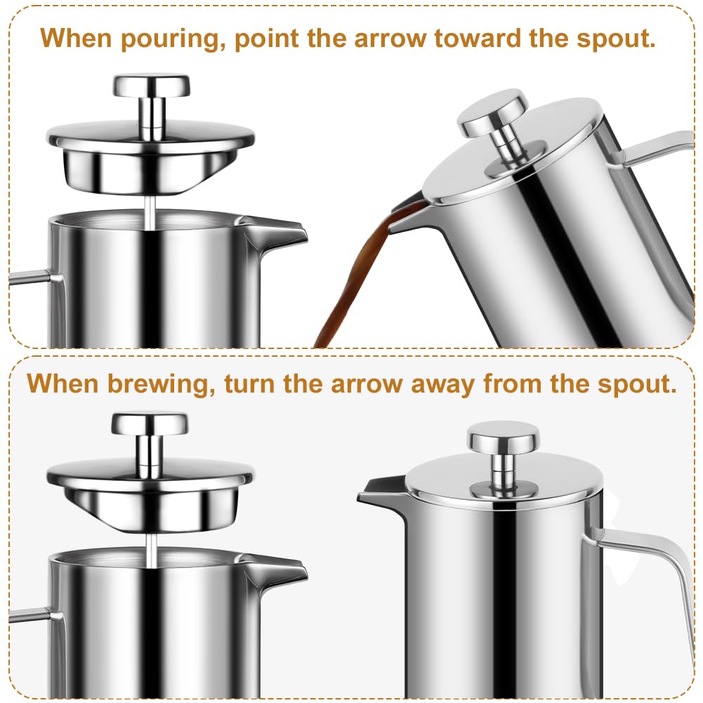HOTUT French Press, 350ml Caffettiera Francese in Acciaio Inox, Caffettiera Pistone Filtro con 2 Fltri e Cucchiaio, Funzione Termica, Americano Macchina per Caffè o Tè, per 3 Tazze