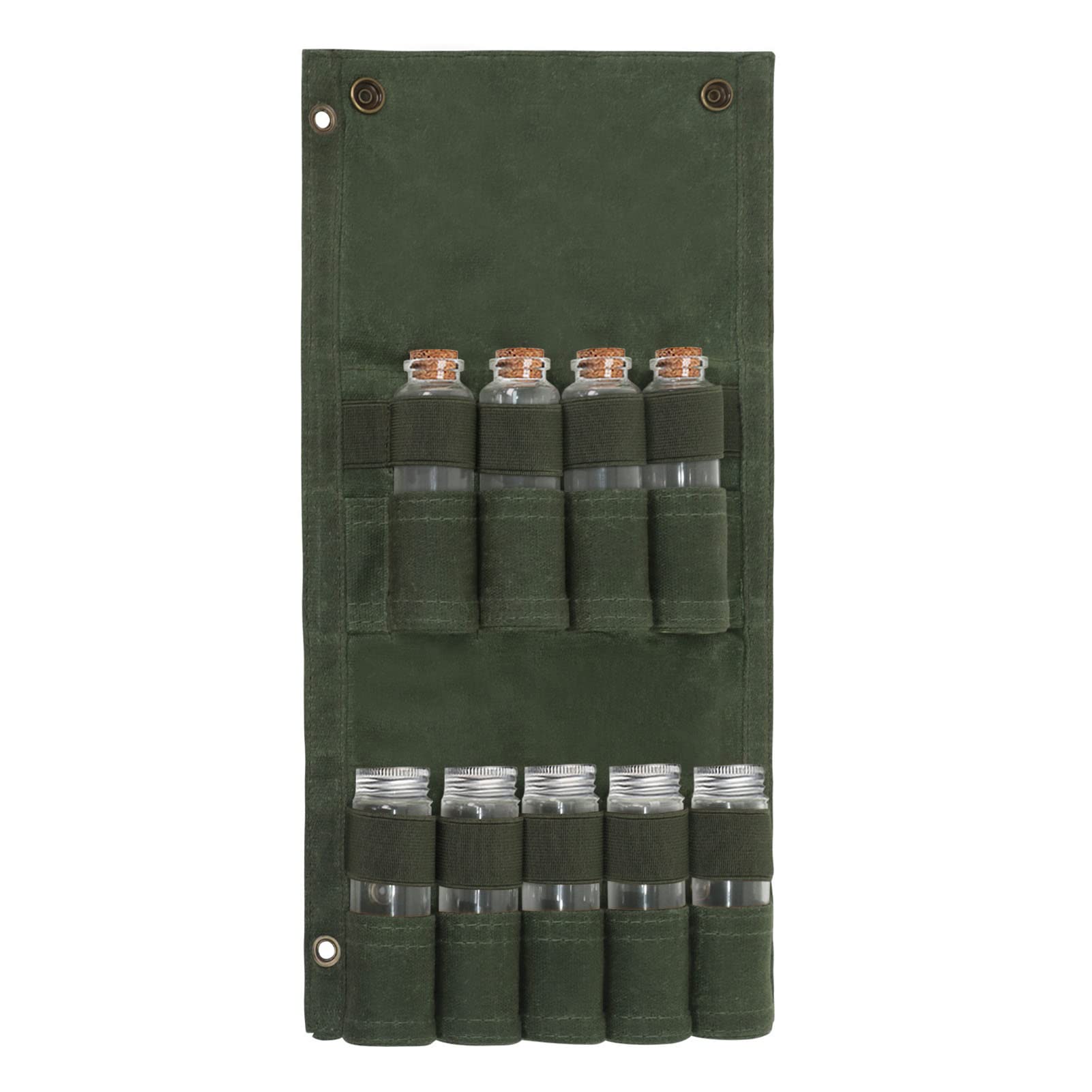Domary Tragbare Gewürztasche, Leichtes Segeltuch, Große 9 Löcher, Langlebige, Faltbare Gewürz-Aufbewahrungstasche für den Außenbereich, Camping-Gewürzbeutel (Grünes Set (mit 9 Flaschen))