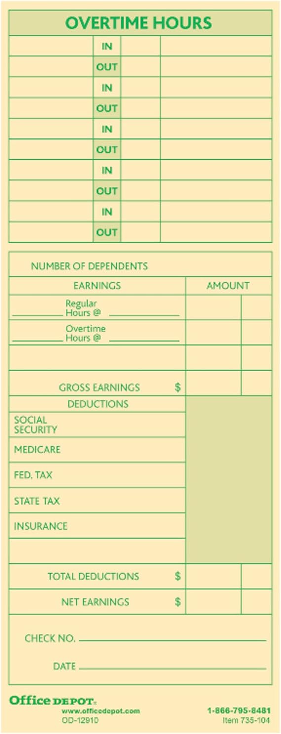 Office Depot Time Cards with Deductions, Weekly, Monday-Sunday Format, 2-Sided, 3 3/8in x 8 7/8in, Manila, pk of 100, GB-735104
