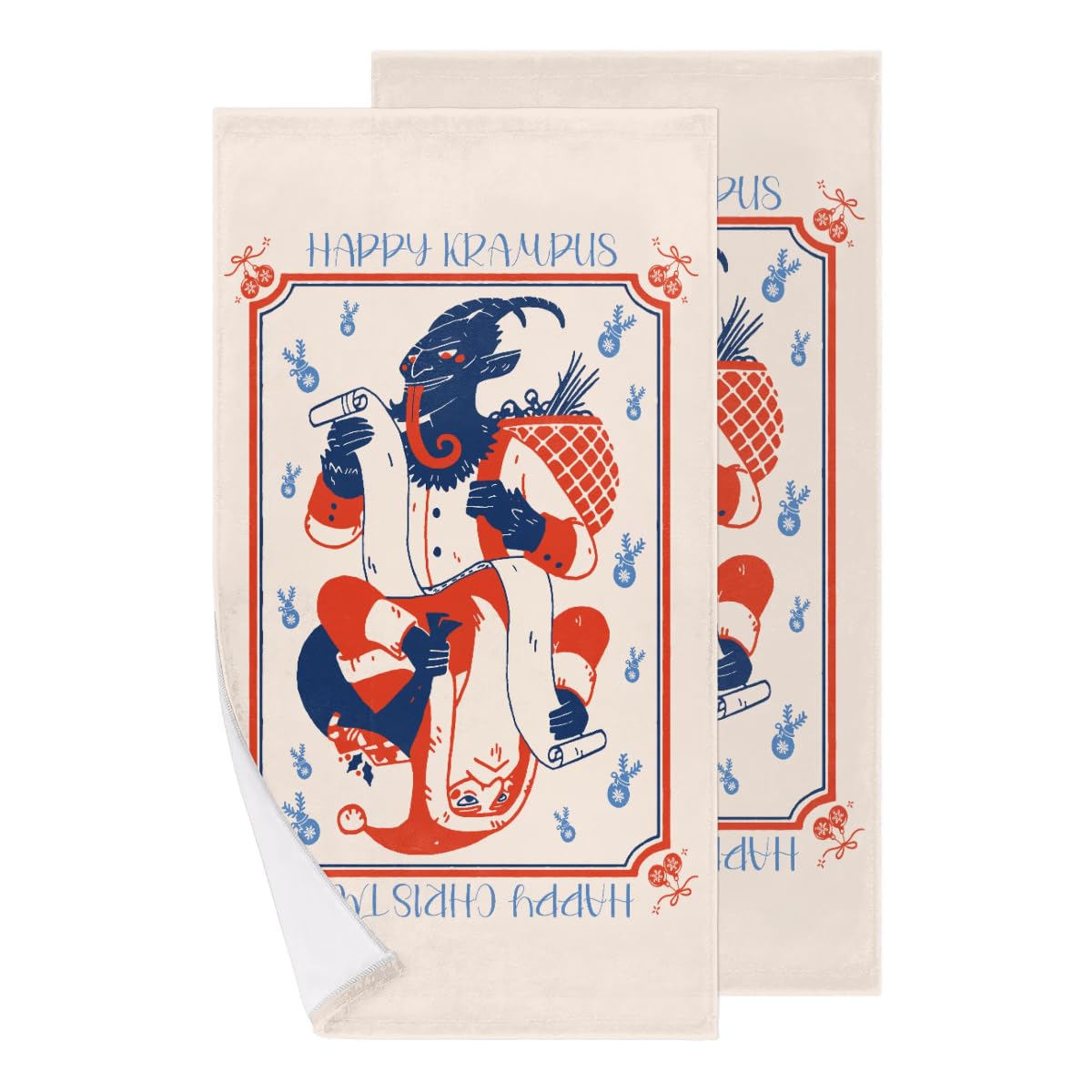 LOMBARDIDEN Christmas Krampus Hand Towels Set of 2, Xmas Blue Red Modern Marble Bath Hand Towels Soft Absorbent Kitchen Hand Towel Decorative Towels