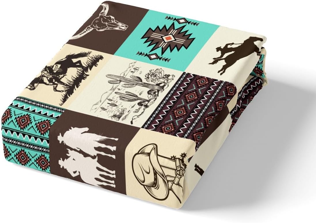 Western Cowboy Fitted Sheet Twin Size,Cow Skull Desert Cactus Bedding Set,Rustic Aztec Tribal Striped Bed Sheets,Kids Teens Adult Room Decor,Brown Turquoise Geometric Plaid Deep Pocket Sheet 2Pcs