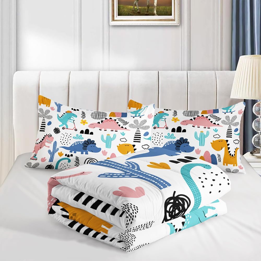 Cartoon Dinosaur Rainbow Comforter Set Twin 3Pc Kawaii Dinosaur Bedding Set All Season with Cactus, Coconut Tree Decoration Includes 1 Comforter, 2 Pillowcases for Kids Girls Teens - Image 7