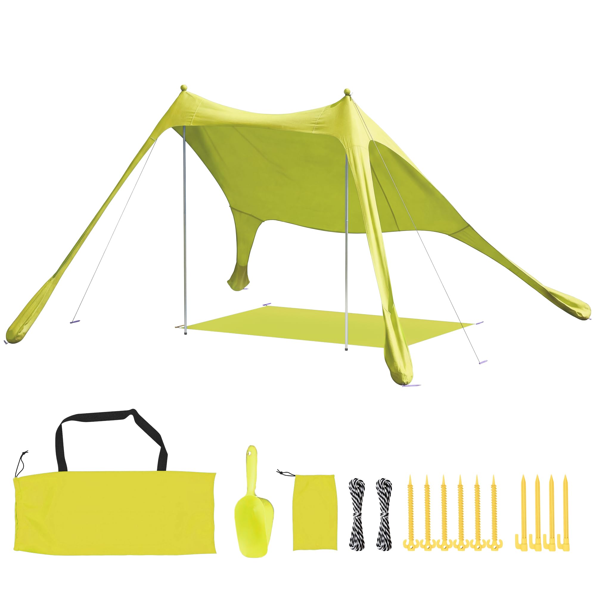 Outsunny Tenda da spiaggia pieghevole 208 x 200 cm, tenda da spiaggia portatile per 2-4 persone con tappetino, UPF50+, pali in alluminio, pala, picchetti e borsa per il trasporto impermeabile, per