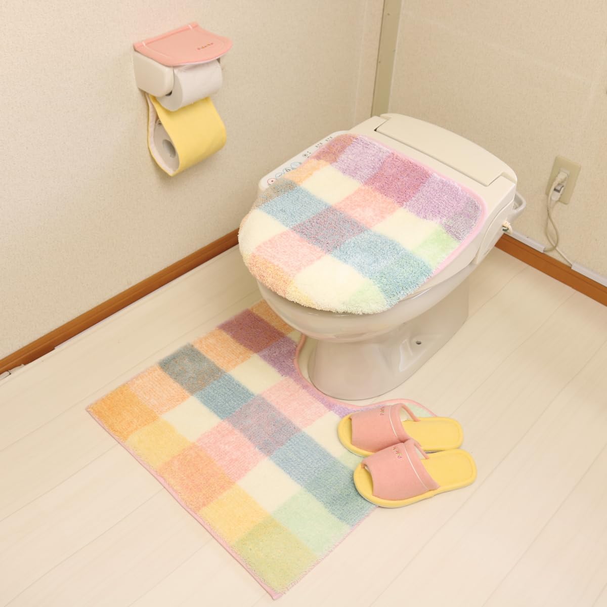 Amazon | トイレマット 4点 セット 北欧 おしゃれ チェック パステル 