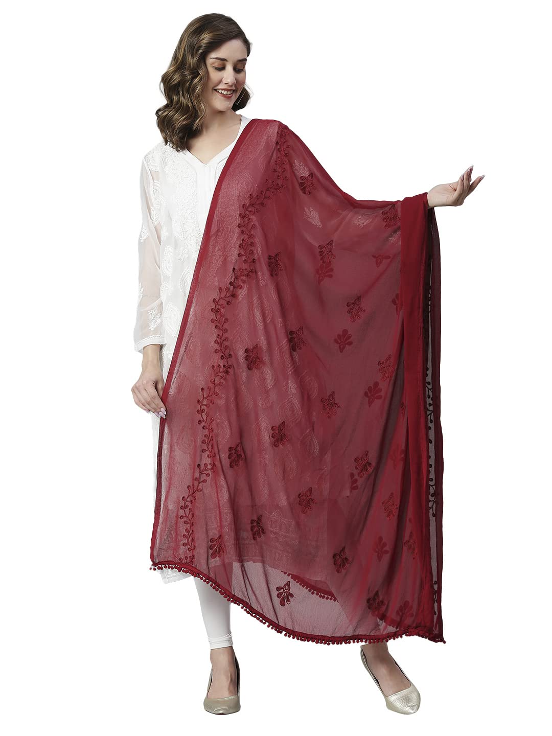 dupatta bazaar Women's Embroidered Maroon Chiffon Dupatta With Pom Pom Lace, free size-picture-38