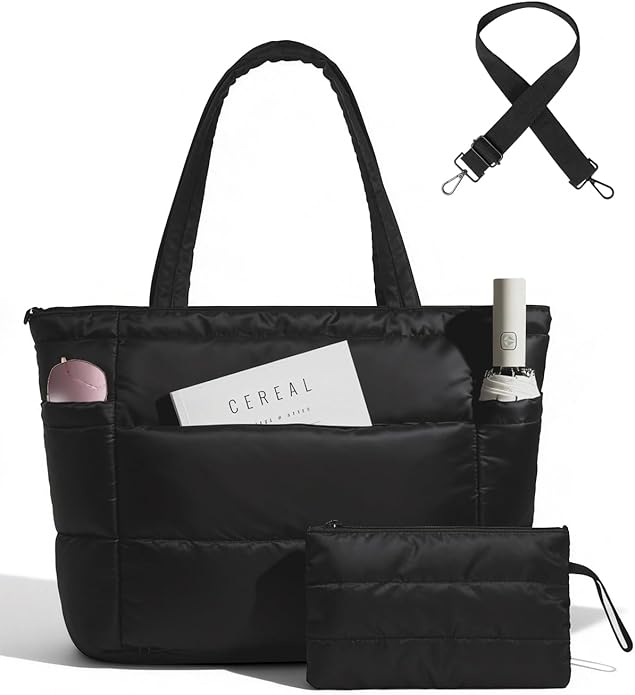 Moyad Puffy Tote Bag for Women with Zipper, Lightweight Quilted Bags Shoulder Handbag for Work, Travel, Gym, Nurse, Teacher