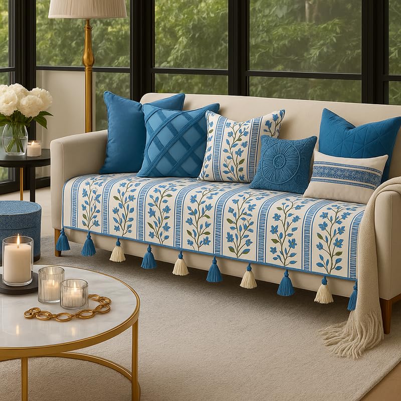 Tassel Sofa Throw|Blue Blossom Sofa Cover Designer Sofa Cover with Tassels for L-Shaped Sofa|Seat & Back Cover Set of 2 Seat Covers & Single Back Cover| L-Shape Sectional 3 Seater + 2 Seater Lounger-image-43
