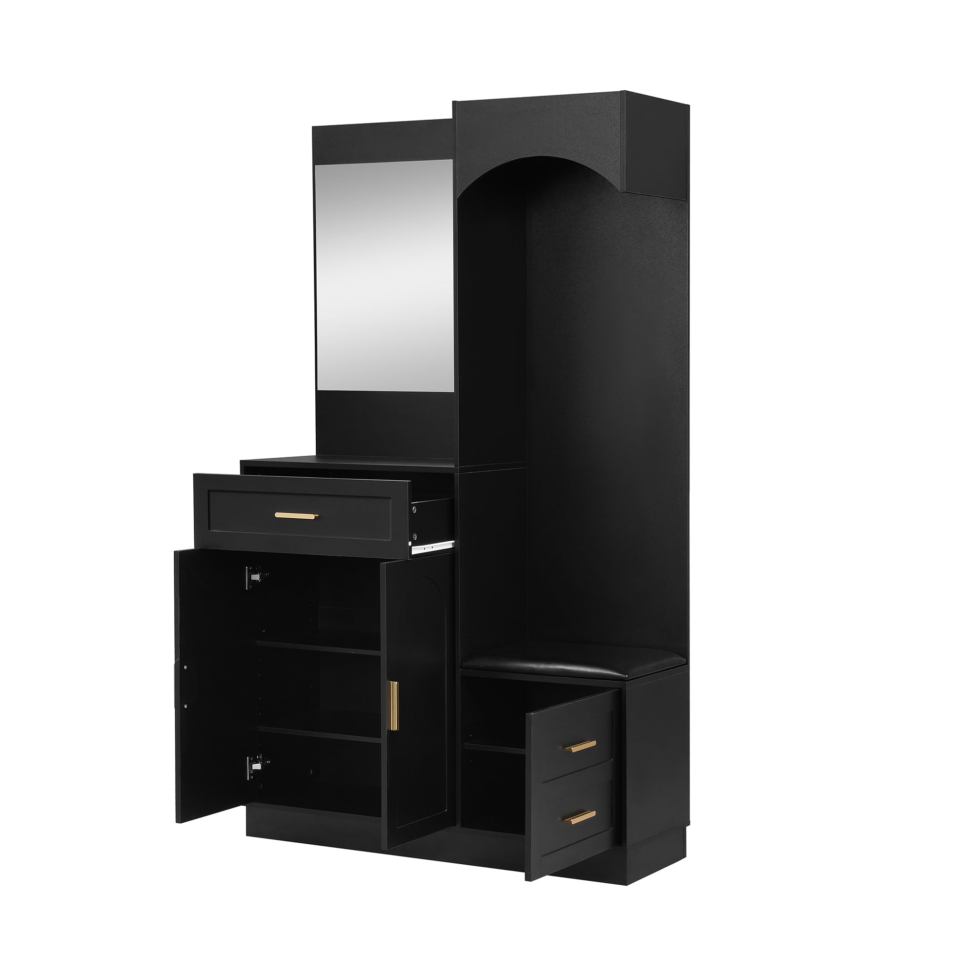 Armario con zapatero y espejo, negro, MDF, 110 x 33 x 185,5 cm, multifuncional, moderno, 51,8 kg