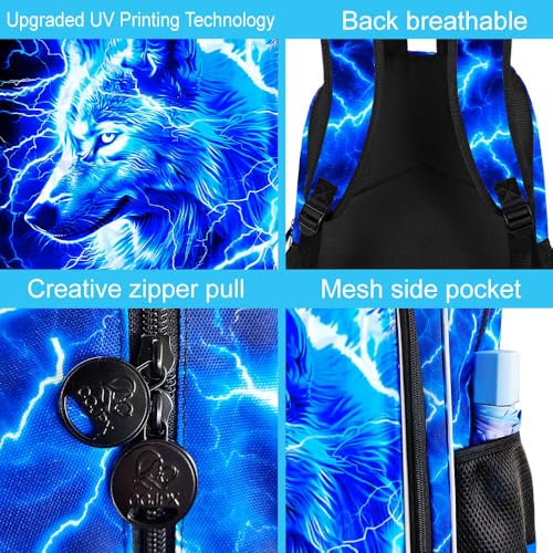 Image of 3Pcs Wolf Backpack for Boy, 17 inch Lightning Bookbag for Elementary Preschool Kindergarten, Kids School Backpacks with Lunch Box (Blue)