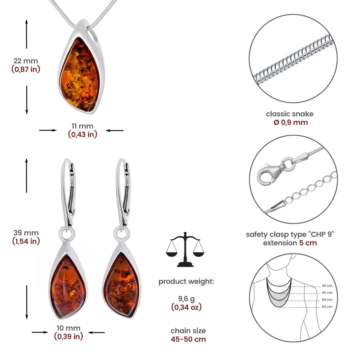 Piccolo set di gioielli da donna Ambra 846B, ciondolo con collana e orecchini, ambra baltica color cognac, argento sterling 925, idea regalo