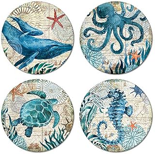 HAOCOORound Drink Coasters Set of 4 - Absorbent Stone Coaster Set with Cork Base and Ceramic Stone, Decorative Cup Coasters for Kinds of Mugs and Cups (Ocean)