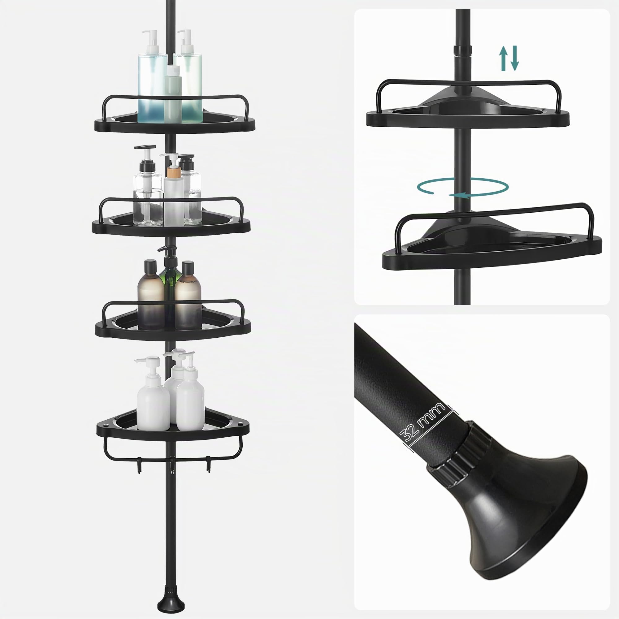 SONGMICS Étagère de Douche Réglable 4 Niveaux, Étagère d'angle Télescopique, Hauteur 85-305 cm, Rangement Salle de Bain Noir