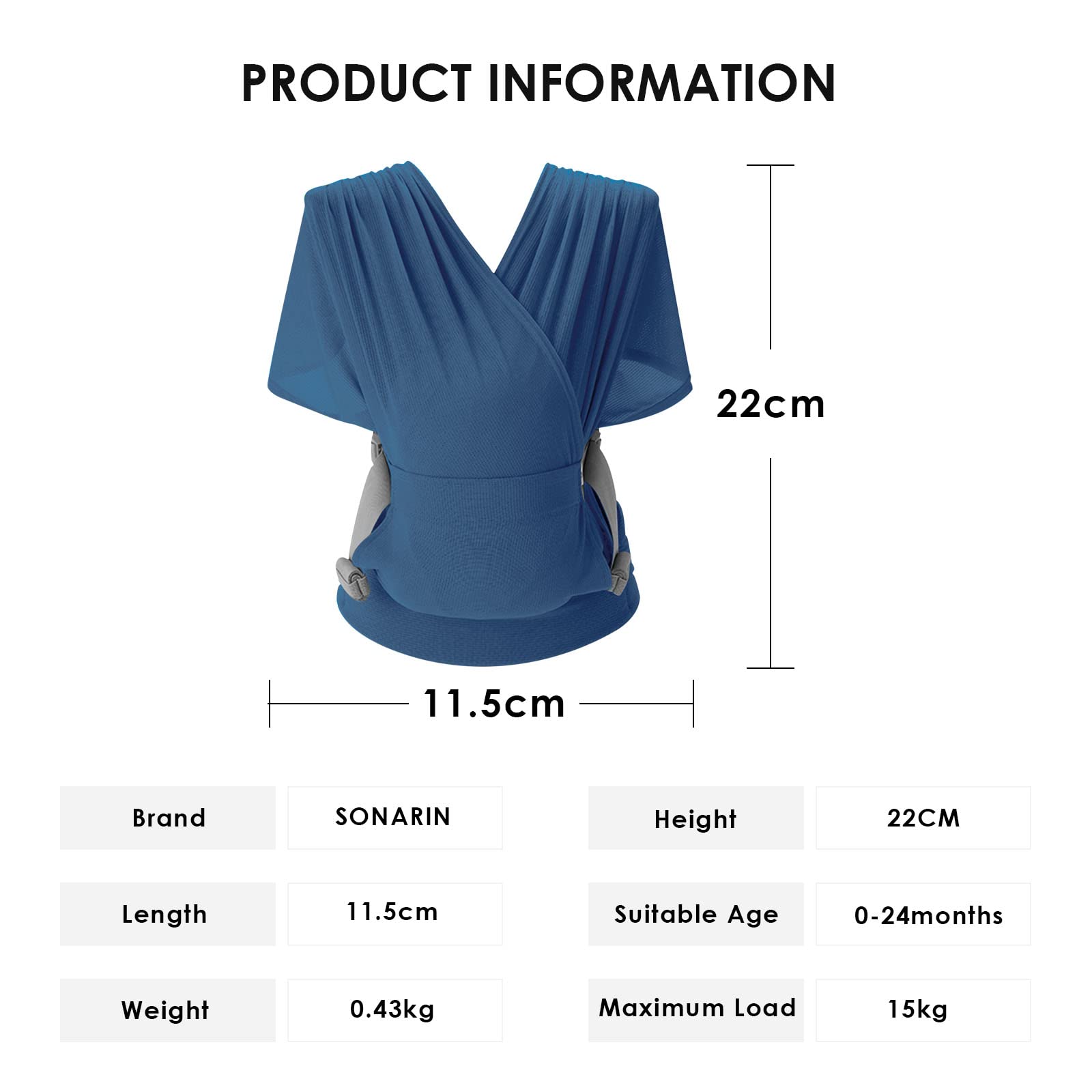SONARIN Fular Portabebés Transpirable, Ergonómico Portador de Bebé Bandolera Ligero Portátil, Mochila Elástica para Recién Nacidos de Hasta 15 kg (Azul)