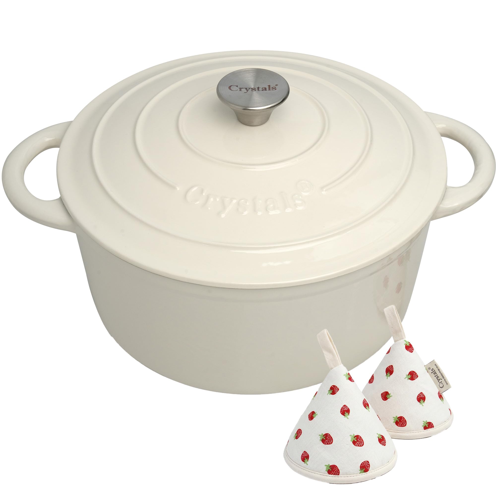 Crystals Cast Iron Round Casserole Dish with Lid, 26 cm / 28 cm Stock Pot, Enameled Cast Iron Dutch Oven, Cooking Pot for Induction, Gas & Oven, Stew, Soup, Bread & Roasting (Creme White, 28cm)