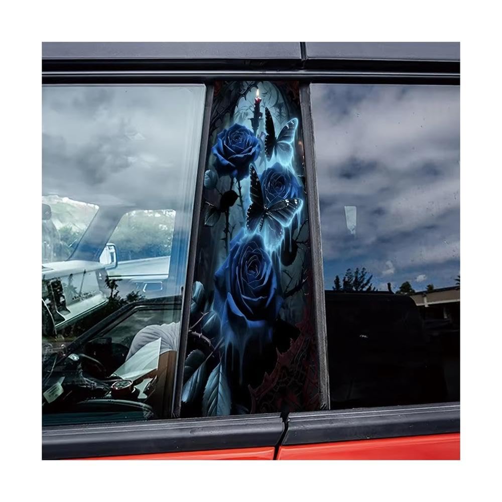Bertdcx One Color Car Center Pillar Window Film Blue Roses & Glowing Butterflies Glossy Protective Polyethylene Auto Parts