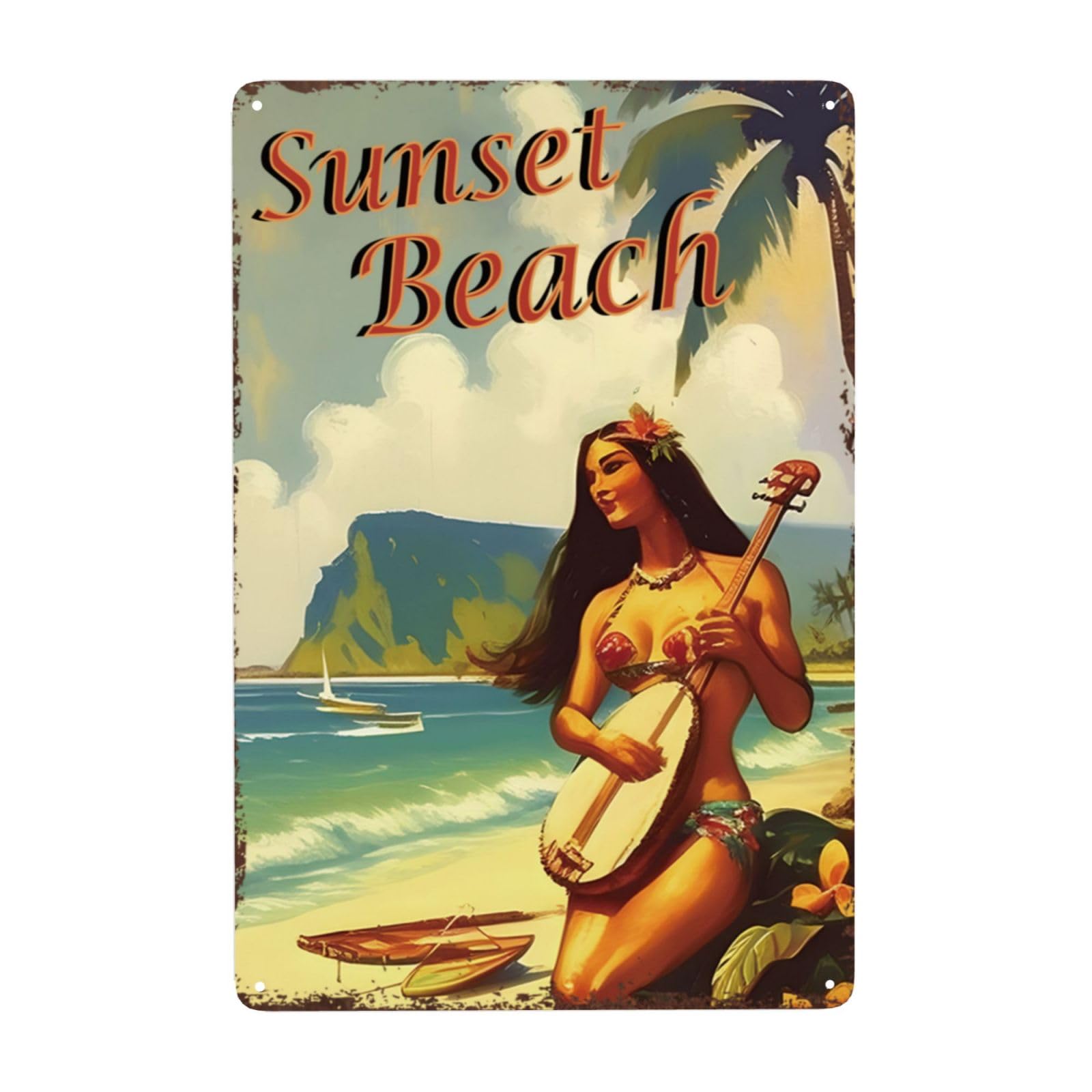 Hawaii Girl Sunset Beach Sign Vintage Metal Tin Sign Wall Decor Art Decorations Retro Metal Signs Room Decor Aluminum Tin Signs For Home Coffee Bar Sign 8x12 Inch