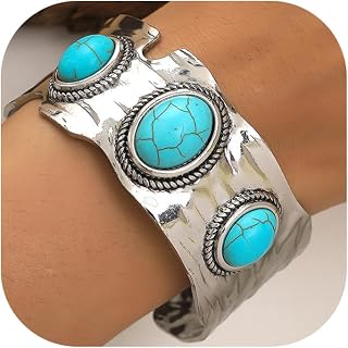 Bohemian Turquoise Cuff Bracelet for Women,Vintage Chunky Adjustable Turquoise Stone Cuff Bangle Simple Cowgirl Bangle Bracelets Minimalist Western Bracelet