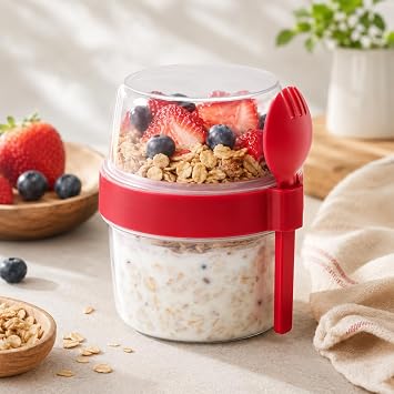 Kaşıklı 400 ml Müsli Saklama Kabı, Taşınabilir Yoğurt ve Beslenme Kabı, Pratik Atıştırmalık ve Kahvaltılık Saklama Kabı (Kırmızı)
