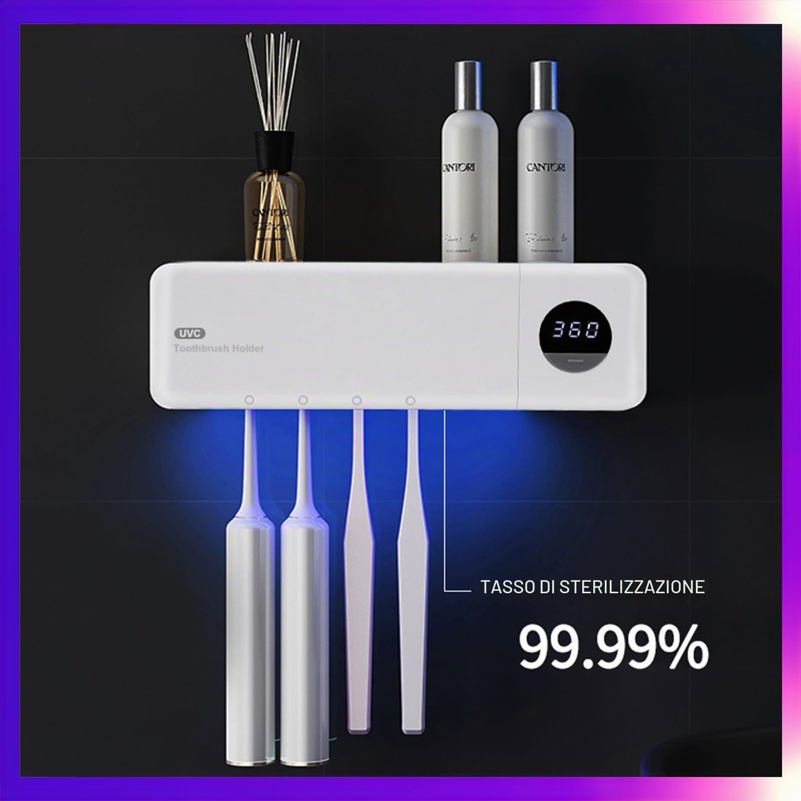 Porta Spazzolino, Sanificazione UV Portaspazzolini da Bagno, Funzione Timer e Lampada di Sterilizzazione, 2000 mAh Ricaricabile Portaspazzolino per Bagno, Lavanderia