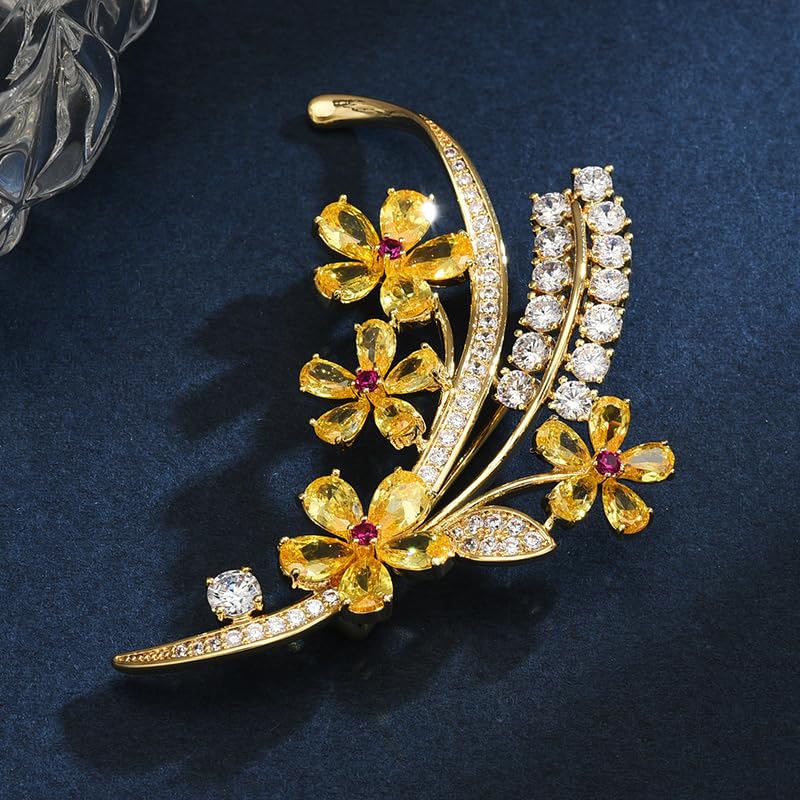 Image of 14K Gold Wheat Sheaf Brooch Embellished with Lustrous Colored Gemstone Flowers, Moissanite Accents Elevate its Elegance, Unique Botanical Jewelry Gift for Women