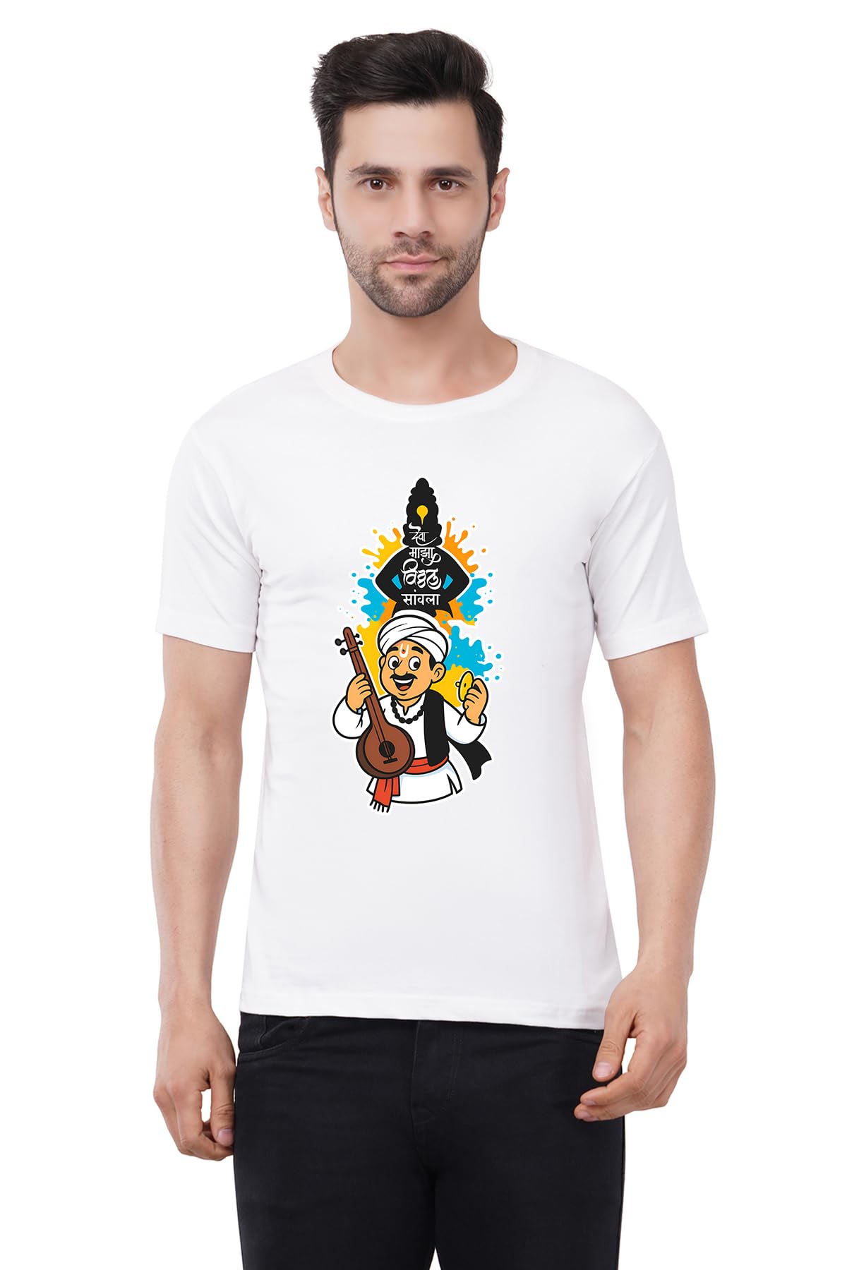 caseria Men's Cotton Printed T-Shirt -Dev Maza Vitthal Marathi | 100% Cotton | Half Sleeves | Regular Fit | Printed | Round Neck | Graphic T Shirt-picture-13