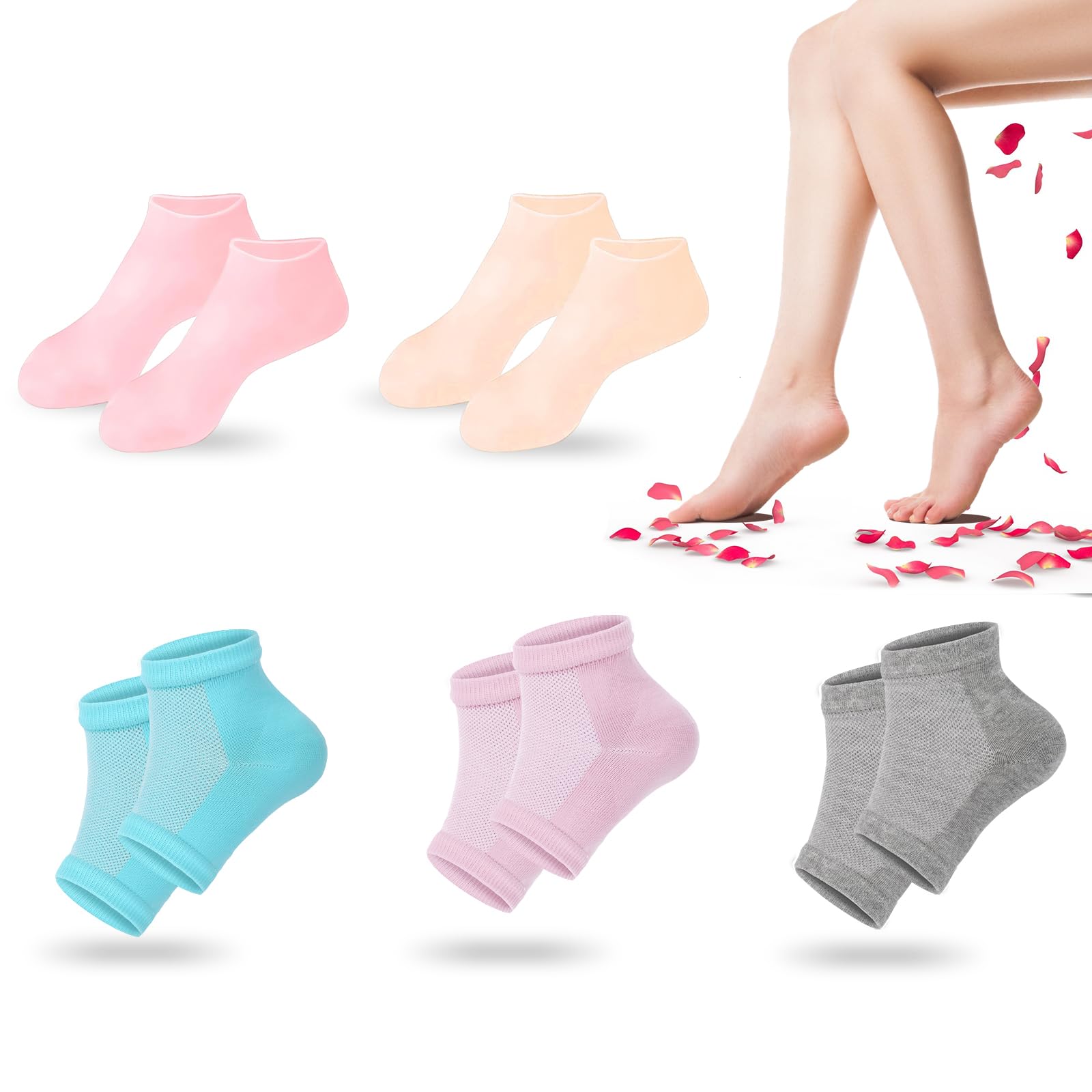 TEAWOO 5 Pairs Moisturizing Socks (2 Silicone Socks & 3 Heel Socks) for Dry Cracked Feet, Spa Gel Socks Foot Care After Pedicure, Toeless Socks to