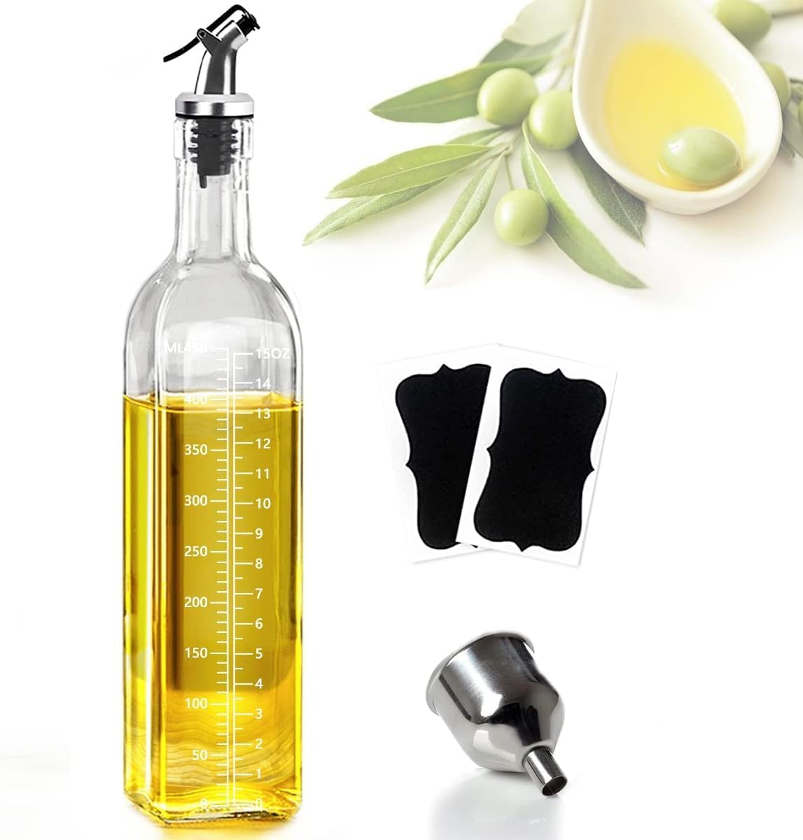 Olive Oil Dispenser , Vinegar and Olive Oil Bottle Dispenser 500 ml/17 oz, Oil Bottles for Kitchen with 1 Pourers,2 Labels and 1 Funnel, Home Square Tall Glass Oil Container As Gift