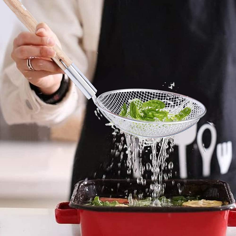 Cucharón Colador Cuchara Desnatadora De Acero Inoxidable Con Mango De Madera, Utensilio Para Freír Papas Fritas De Cocina, Espagueti, Fideos, Herramienta (diámetro 24 Cm / 9,44 Pulgadas)