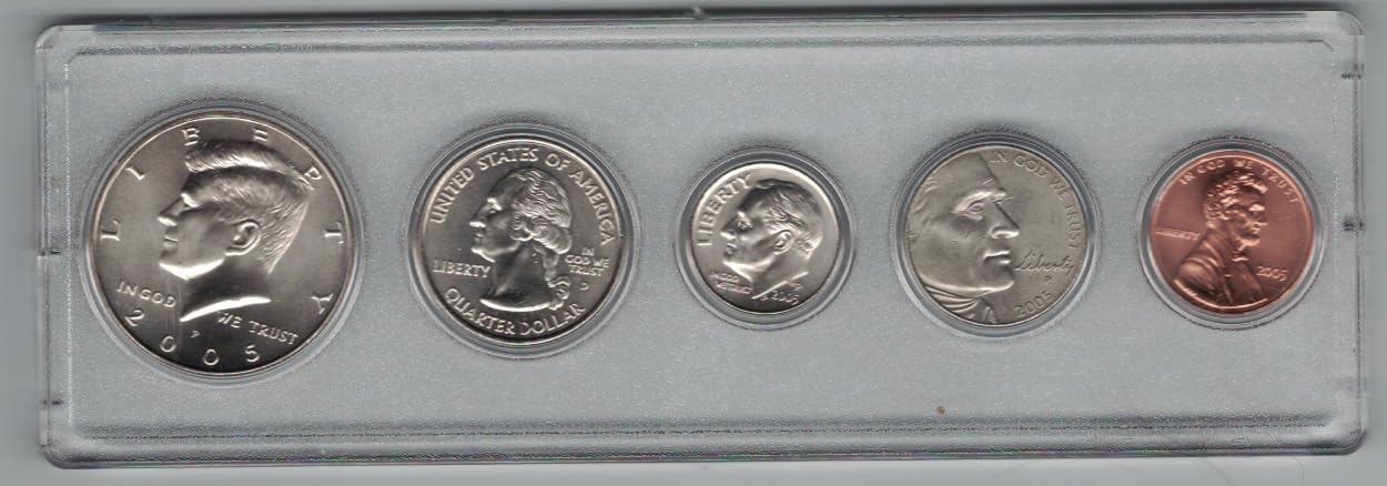 2005 P Birth Year Coin Set- 5 Coins- Half Dollar, uarter, Dime, Nickel, and Cent all Encased in A Plastic Holder Collection US Mint Uncirculated