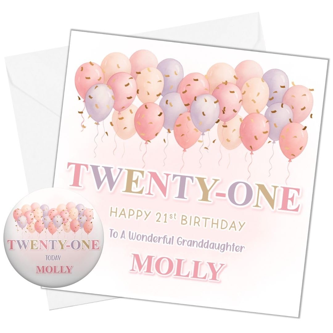 All Things Personal, 21st Birthday Card for Her Personalised Pink Design for Daughter Sister Niece Granddaughter or Goddaughter Optional Matching Badge & Money Wallet Set (Standard Card & Badge)
