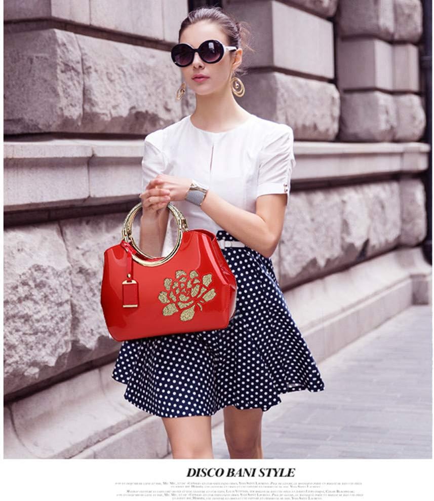 Women Tote, Patent Leather Handbag, Elegant Top Handle Bag Flower Embroidery Satchel