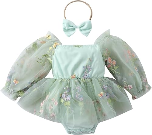 Miniatura 10 de IDOPIP Conjunto de 2 piezas para bebé recién nacido, con diadema, bordado de flores, tutú, princesa, fiesta de cumpleaños, conjunto de ropa